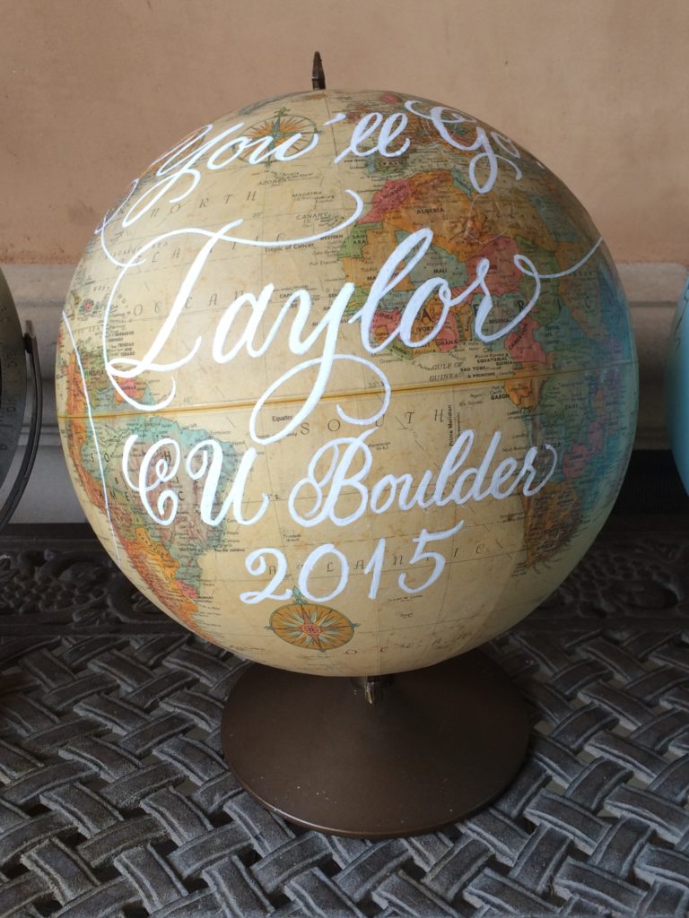 Danielle Gibson Events - graduation globe, hand lettering, calligraphy